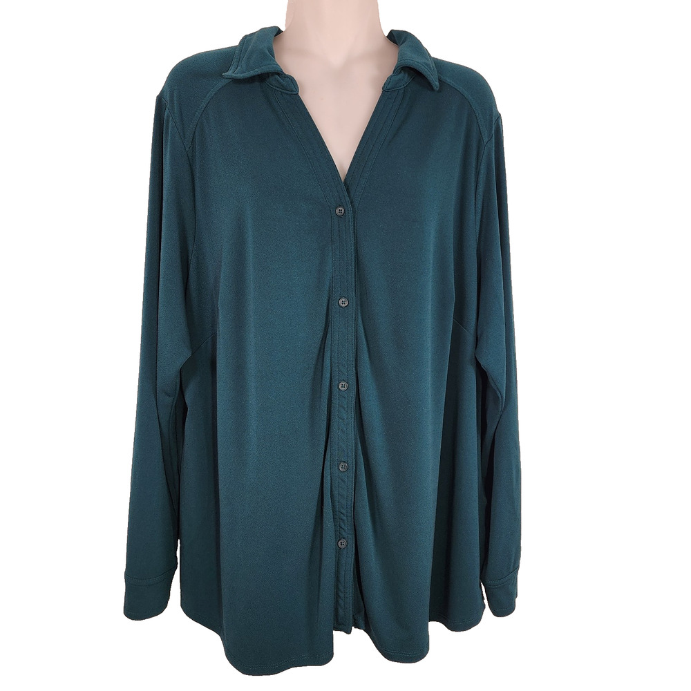 Adrianna Papell Shirt Collared Long Sleeve Button Front Knit Moss Crepe 2X Green